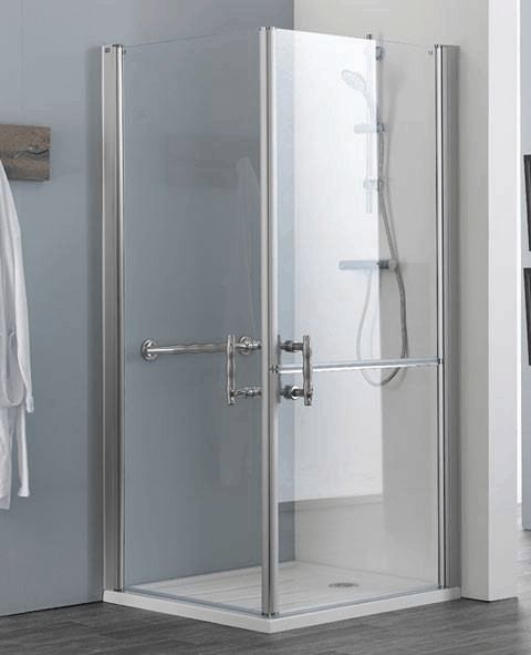 EASA Elegance corner shower enclosure using an L4 hinged shower door on left and an L2 stable style split shower door on right.
