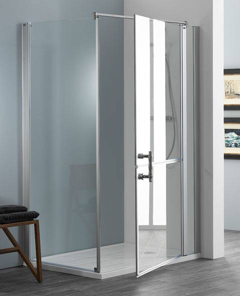 EASA Elegance corner shower enclosure comprising an L1 fixed glass shower panel and an L3 stable style shower door with extender panel.