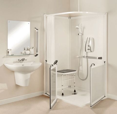 2 and 3 sided shower enclosures, low level acces, half height shower doors, glass full height and stable style split shower doors for carer assistance.