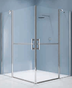 Extra large glass shower enclosure with stable doors and large corner entry suited for wheelchair access