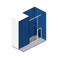 Doorless alcove shower partially enclosed by half height single fixed panel