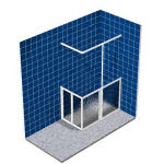 Corner enclosure configured with single door, bi fold end door and fixed panel