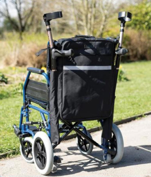 SPLASH Giant crutch or walking stick bag, shown here on a wheelchair.