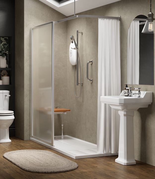 An example of a walk in shower using a single fixed glass panel.
