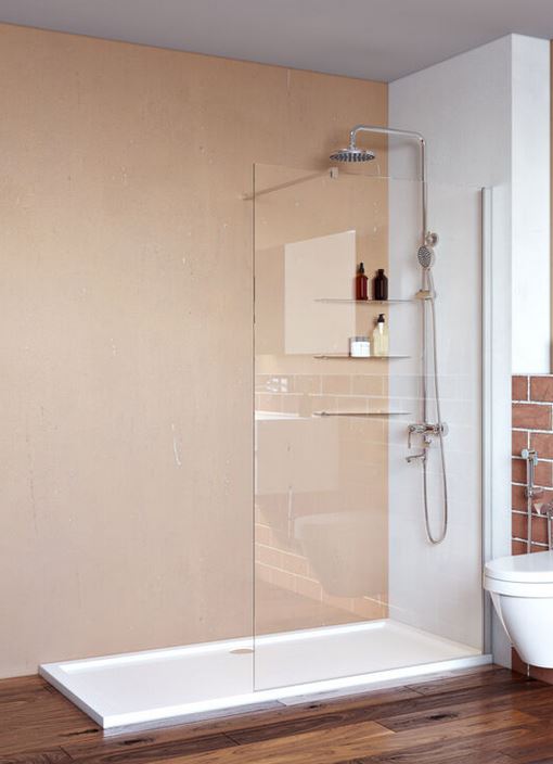 A minimalist bath replacement shower enclosure using a semi-frameless fixed glass panel.