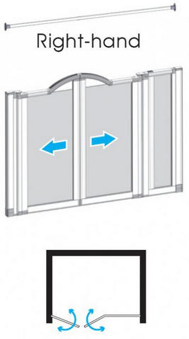 EASA Half height shower enclosure to suit an alcove setting comprising two single panel doors and an inline fixed panel - Right Hand