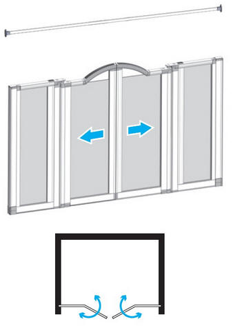 EASA Half height shower enclosure to suit an alcove setting comprising two single panel doors and two inline fixed panels to suit a wider openiing.