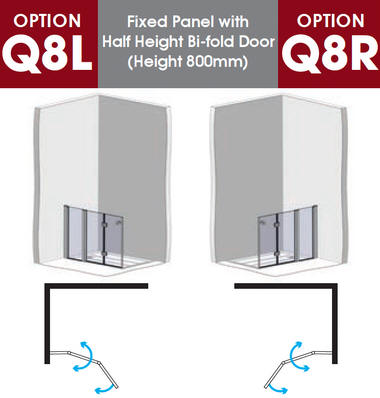 EASA EXQUISITE Q6 half-height hinged di-folding glass shower door with fixed extender panel.