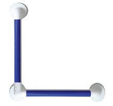 Angular L shaped support with white or blue grab rails and white fixings