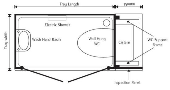 Diagram showing the plan view of the Snowdon shower toilet cubicle