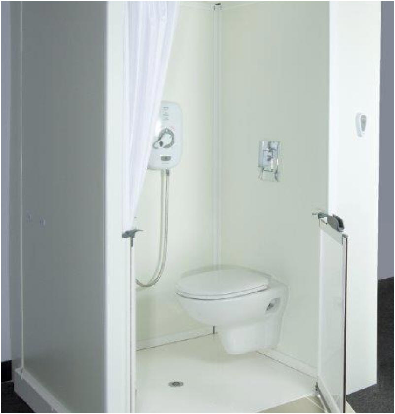 Showdon WC shower cubicle showing the suspended wall mounted toilet