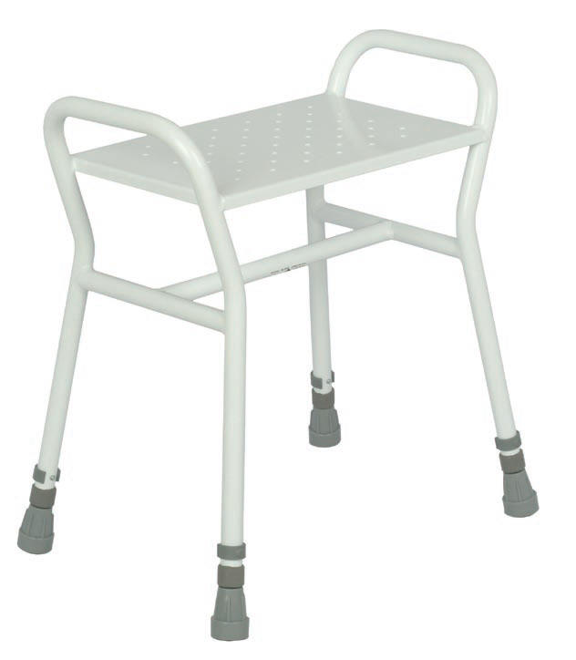 Free standing shower stool with rubber feet to protect shower tray.