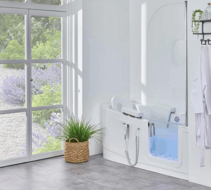 The Easy Riser walk in bath with power lifting seat and glass side entry door