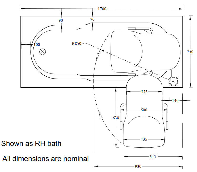 Mantaleda OMEGA 1700 x 750 bath dimensions diagram