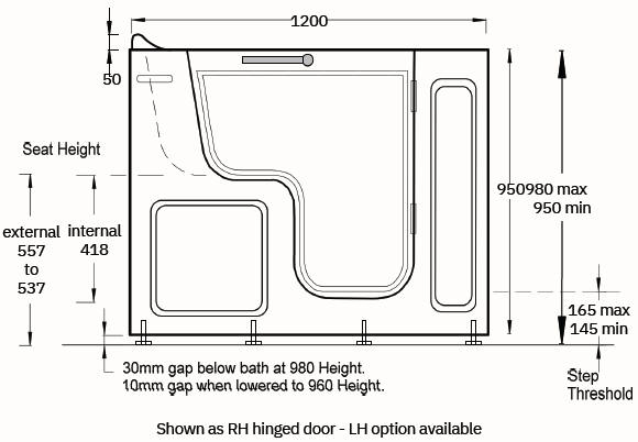 TRANQUILITY COMPACT 630 slide in bath dimensions 1