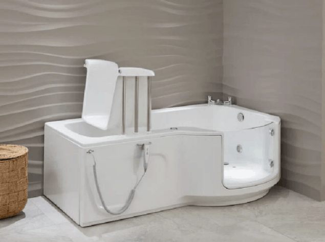 Walk in bath with powered lifting seat