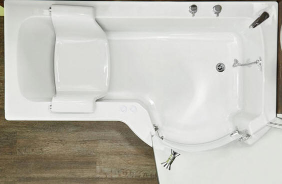 Viewed from above, the image shows the optional corner spout and tap set available on the Louisiana walk in bath with lifting seat.