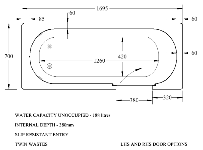 Mantaleda ABALONE RV walk in bath - Tech diagram 2