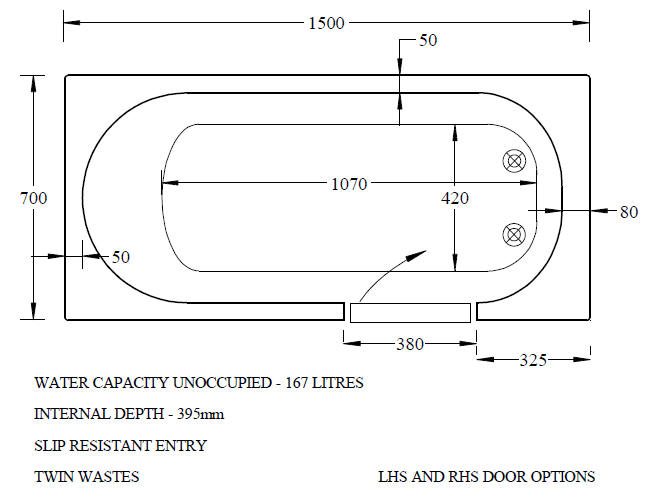 Mantaleda AVRAIL 1500mm walk in bath - diagram 1