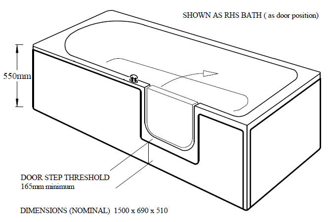 Mantaleda AVRAIL 1500mm  walk in bath - diagram 2