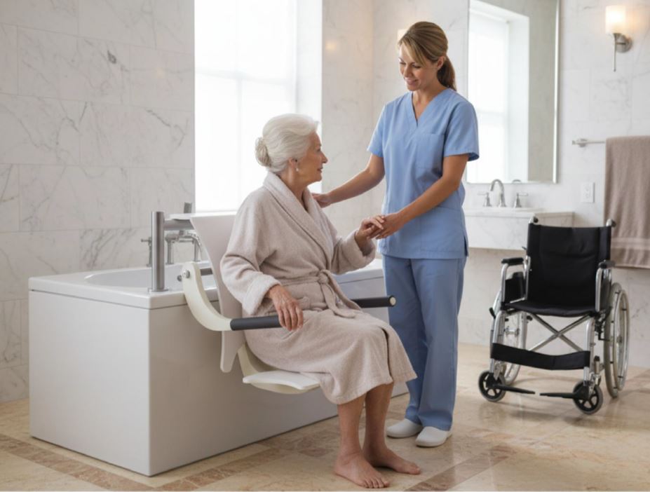 Lift in and lift out. The OMEGA care bath with powered lift and traverse seat