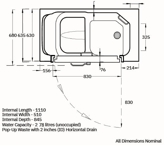 TRANQUILITY COMPACT 630 slide in bath dimensions 2